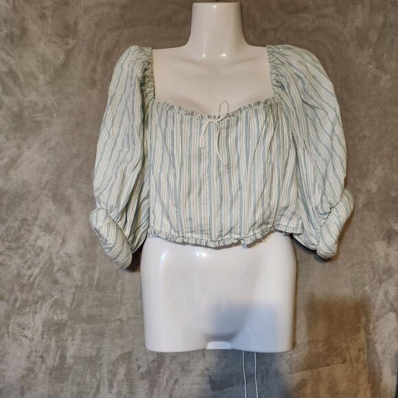 For Love/Lemons Leslie Puff Sleeve Crop Corset Women's 1X Blue/White Striped Top - Picture 2 of 7